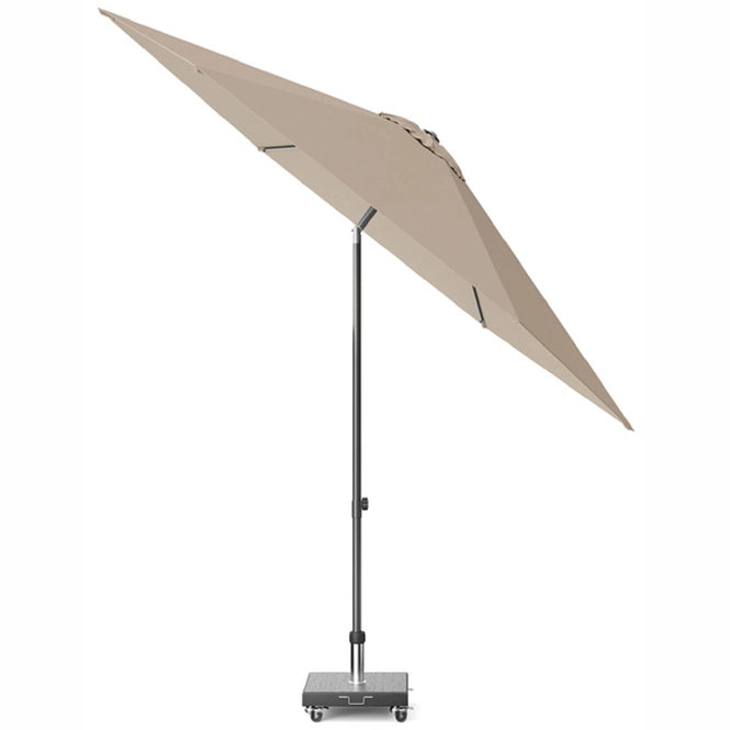 Platinum parasol Lisboa in taupe, schuine kijk op ronde kap en stang