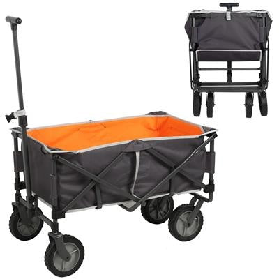 Bolderwagen grijs met oranje kuip en afdekzeil, grote wielen en trekstang
