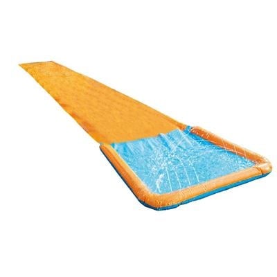 Opblaasbare waterslide met blauwe glijbaan en oranje randen