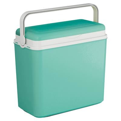 Koelbox 24 liter in turquoise met opklapbaar deksel en witte handgreep