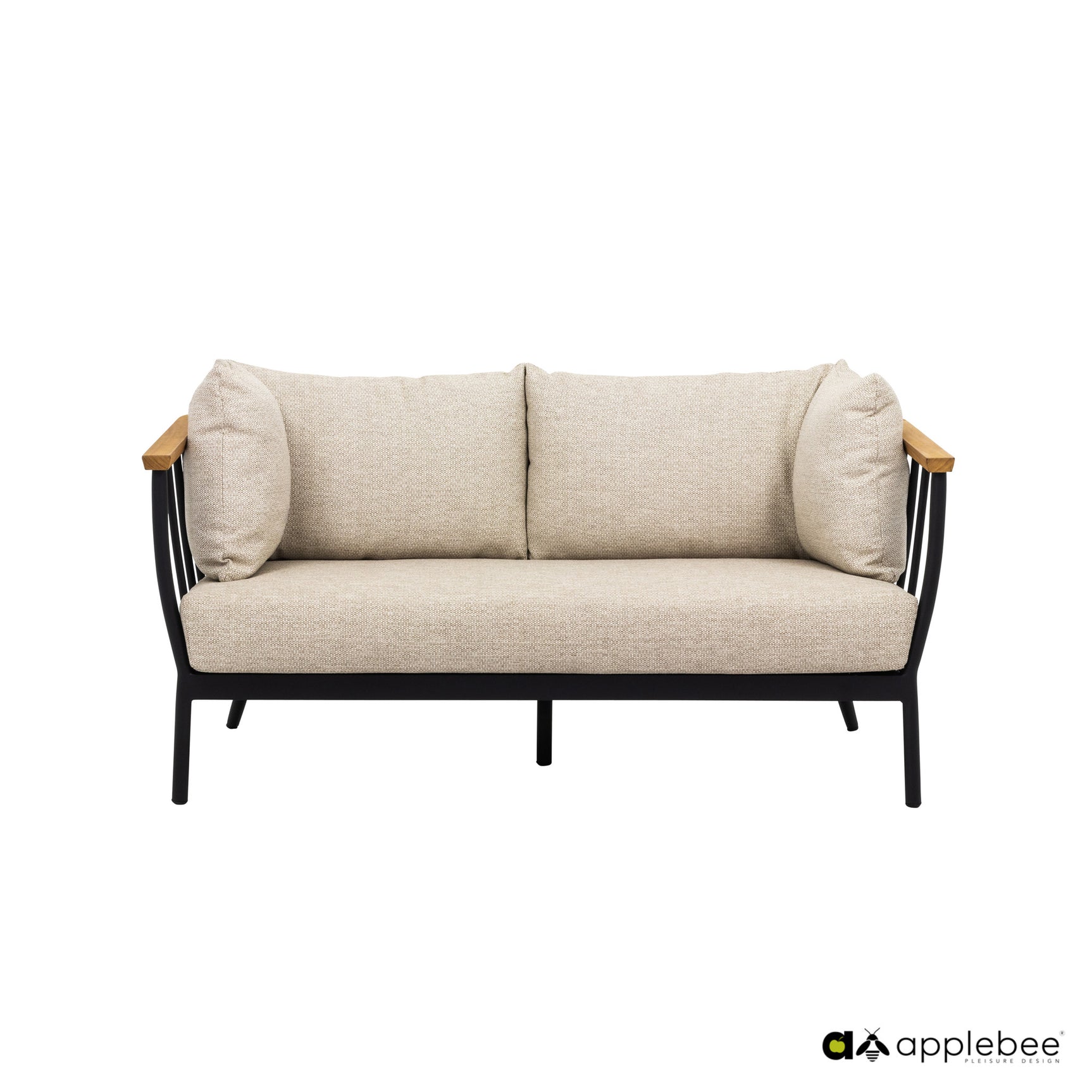 Loungebank in beige stof met twee zitkussens, zwarte poten en houten armleuningen