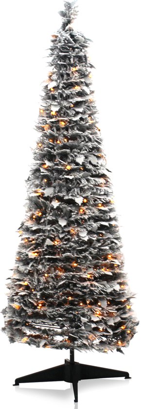 Gesneeuwde kunstkerstboom met warme LED-lampjes en standaard, 180 cm.