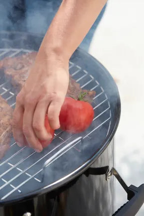Rookovenrooster met hand die een rode vleeslap op het grillvlak legt.