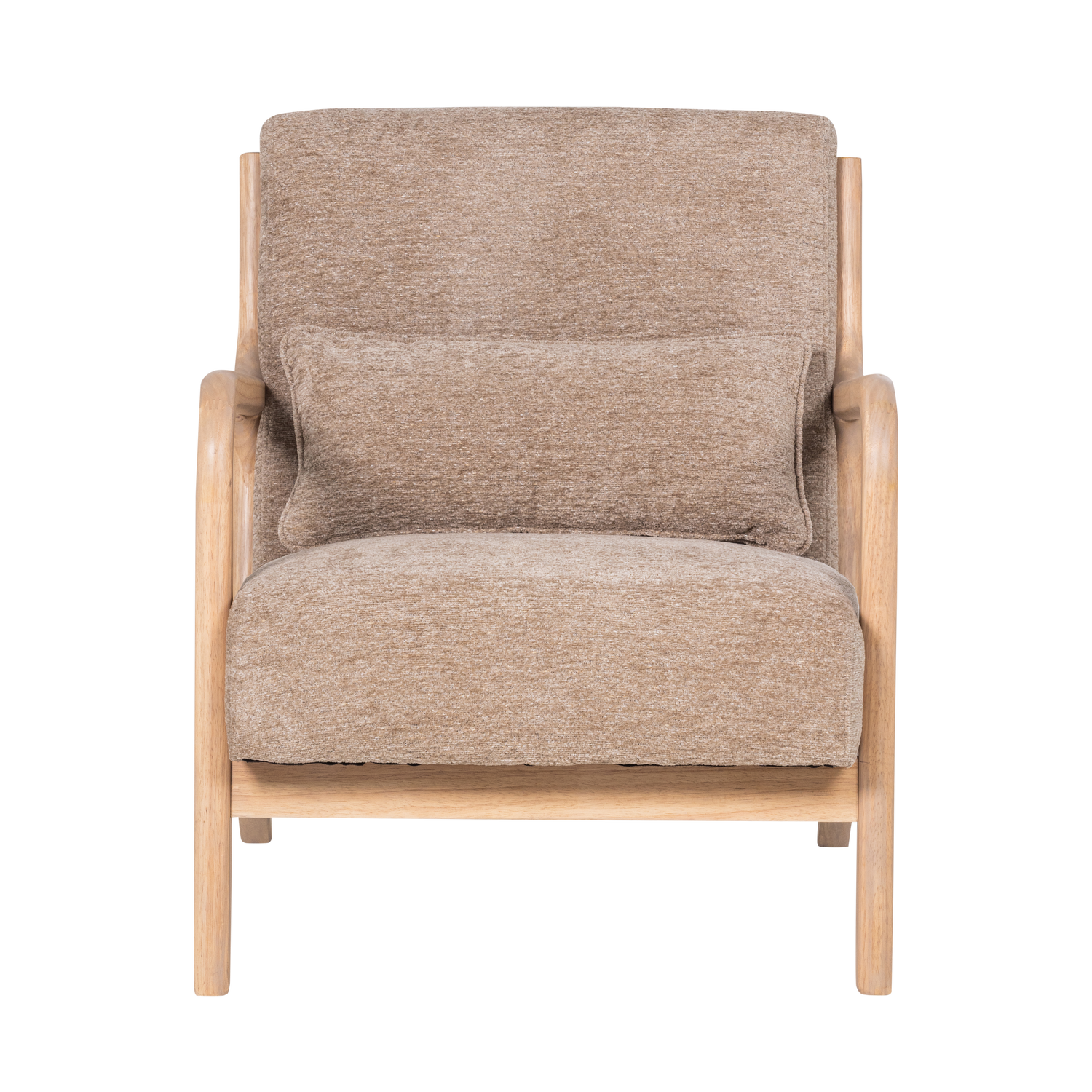 Zandkleurige chenille fauteuil met houten poten en armleuningen.