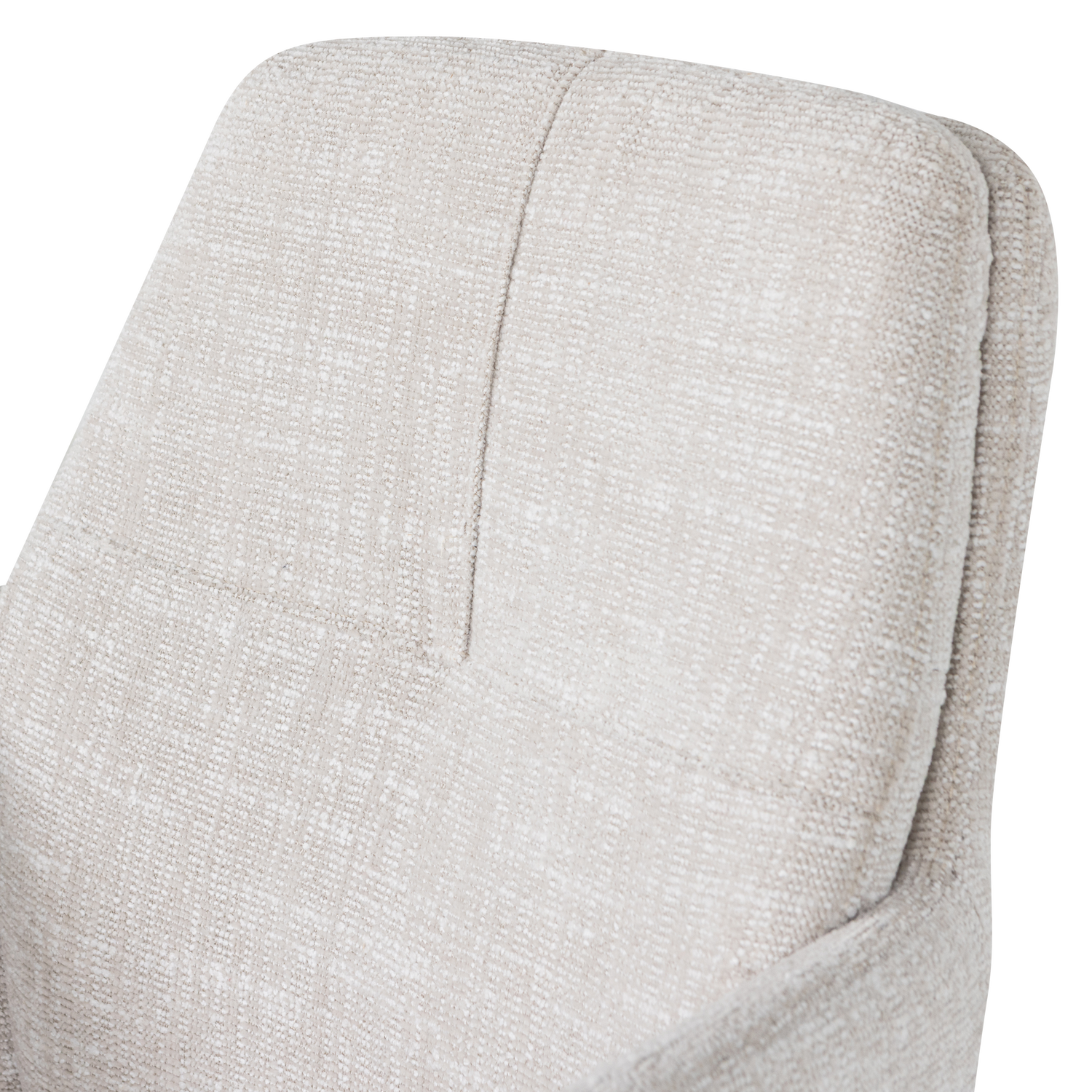 Eetkamerstoel, naturel melange stoffering, rugdetail met middennaad en afgeronde zijkant