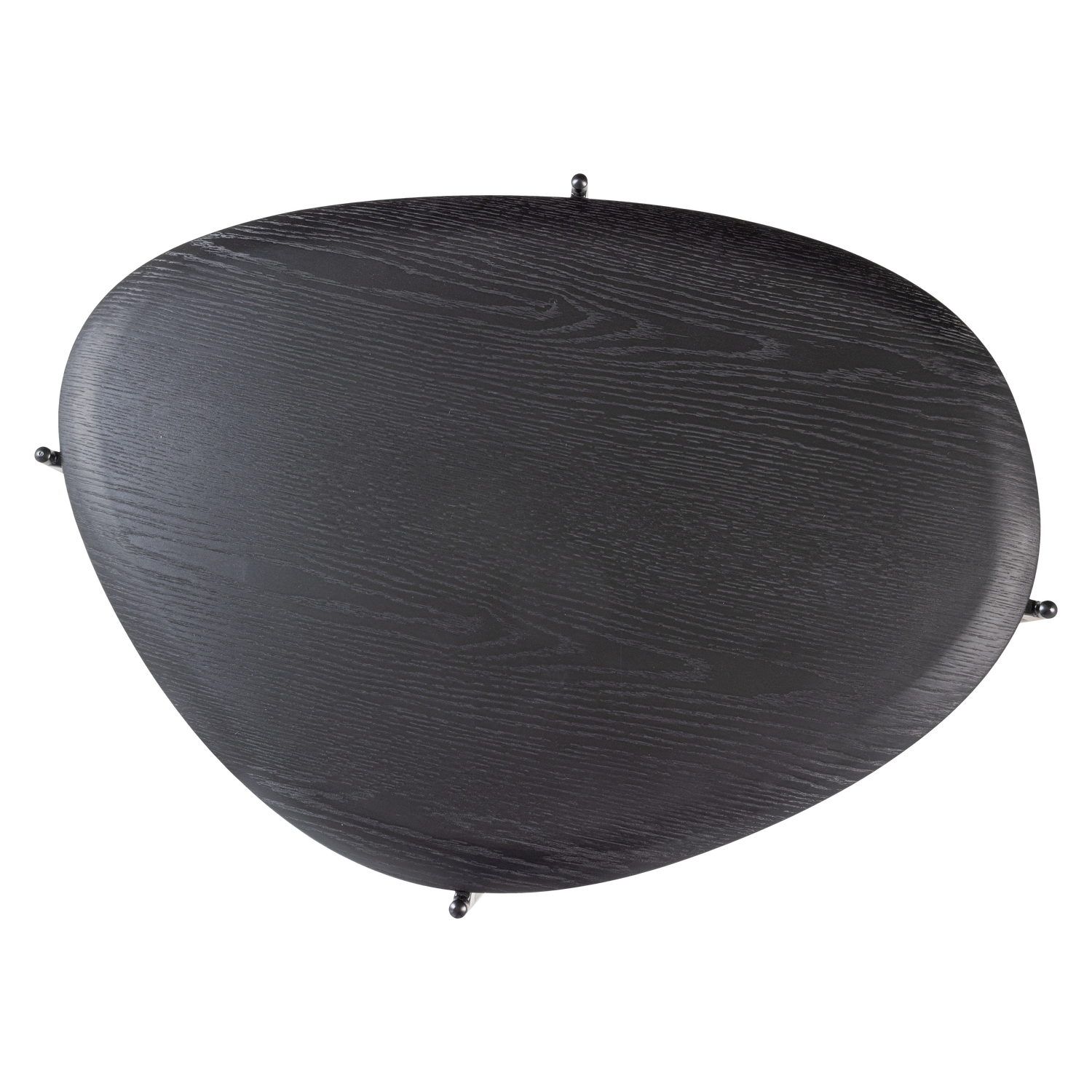Zwart ovale salontafelblad met zichtbare bevestigingen aan metalen rand