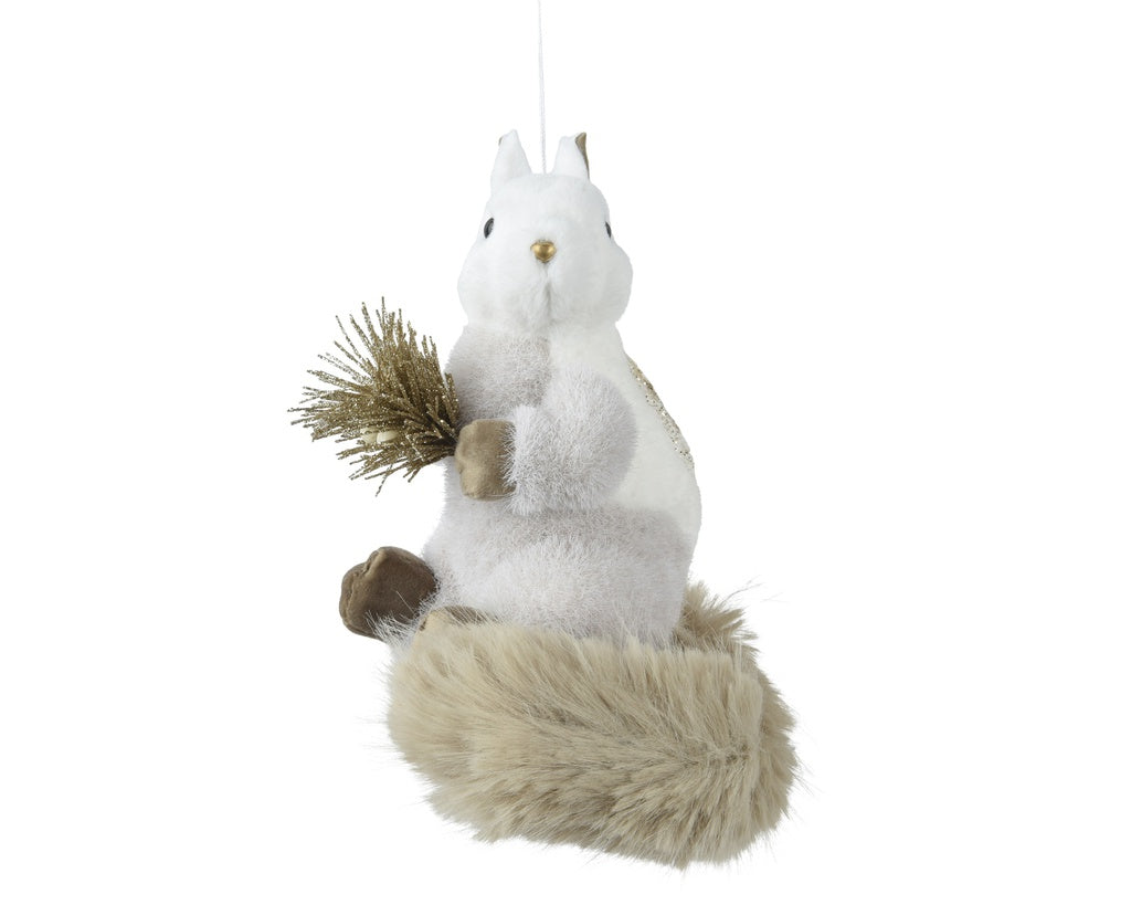 Decoris decoratieve eekhoorn van kunstbont, witte vacht, zittend met pluim