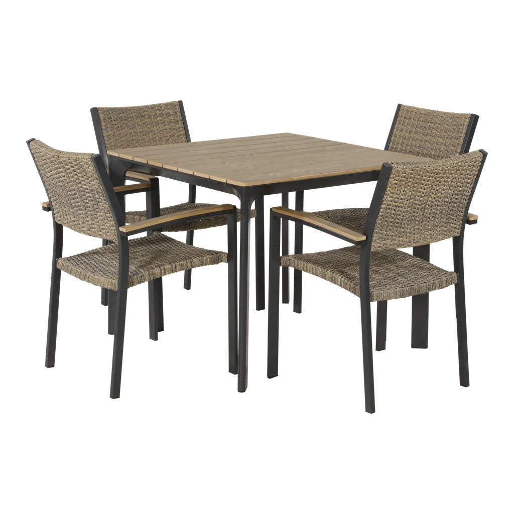Tafelset: eettafel met vier stoelen met beige vlechtwerk en houten lattenblad