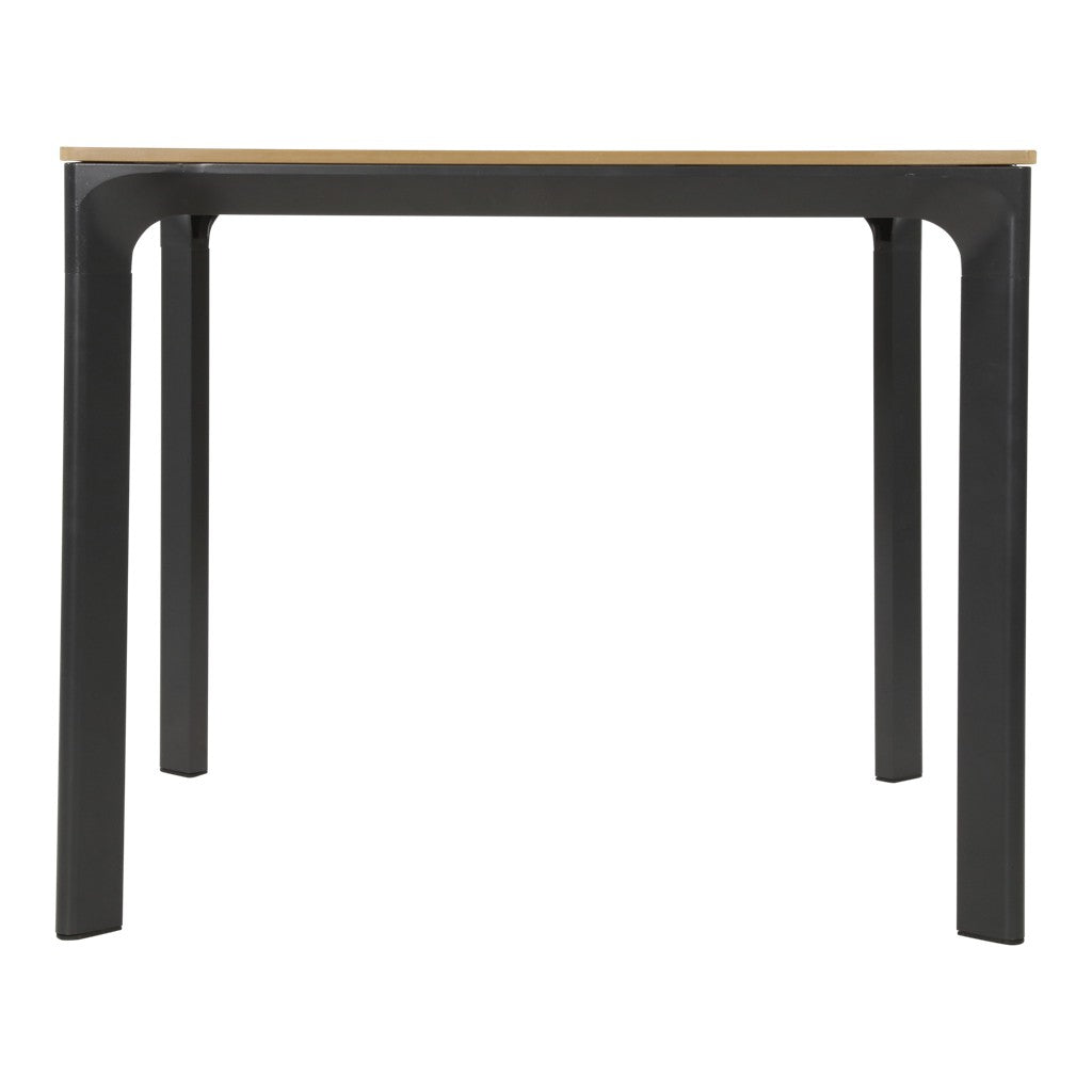 Eettafel 90x90cm met houten lattenblad en zwart onderstel, zijaanzicht