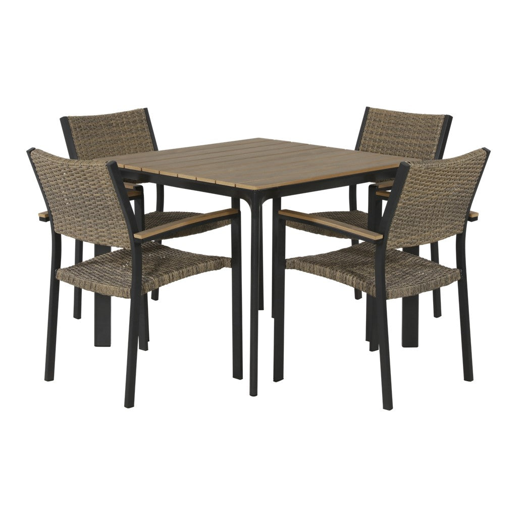 Tafelset met vier stoelen met beige vlechtwerk, zwart frame en houten lattenblad
