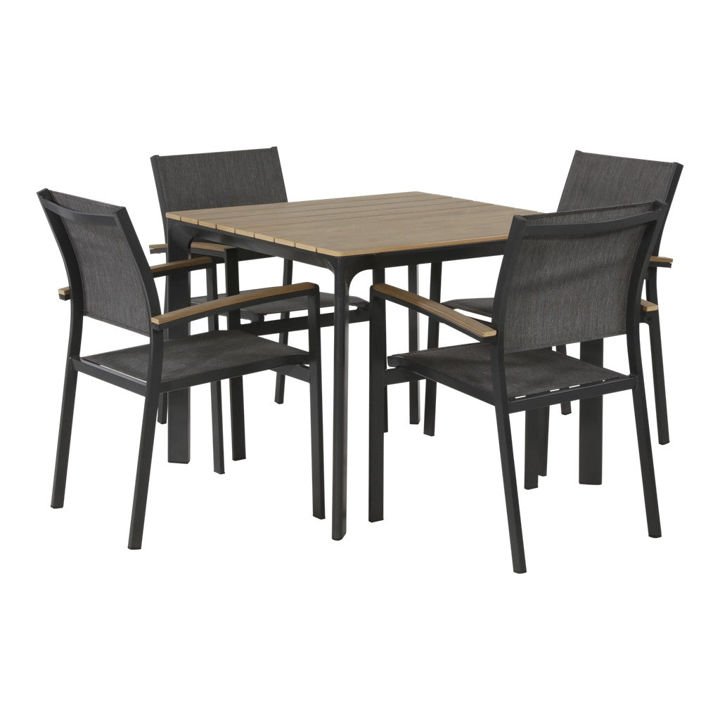 Eettafelset met vier stoelen, donkergrijze zitting en houten lattenblad