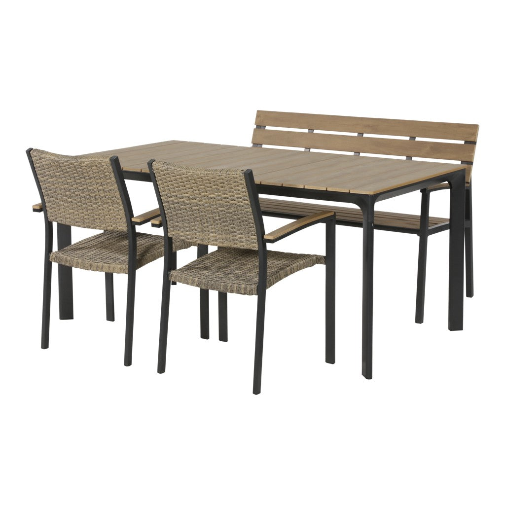 Tafel met 4 bijpassende stoelen, rechthoekig tafelblad en donkerbruine metalen poten