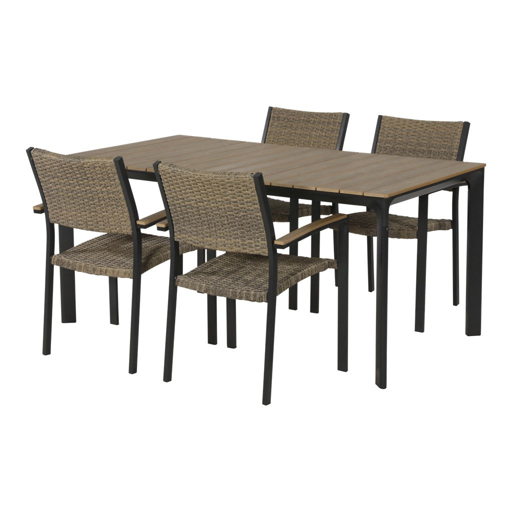 Tuin eettafel met stoelen: donker metalen frame en geweven zitting en rug