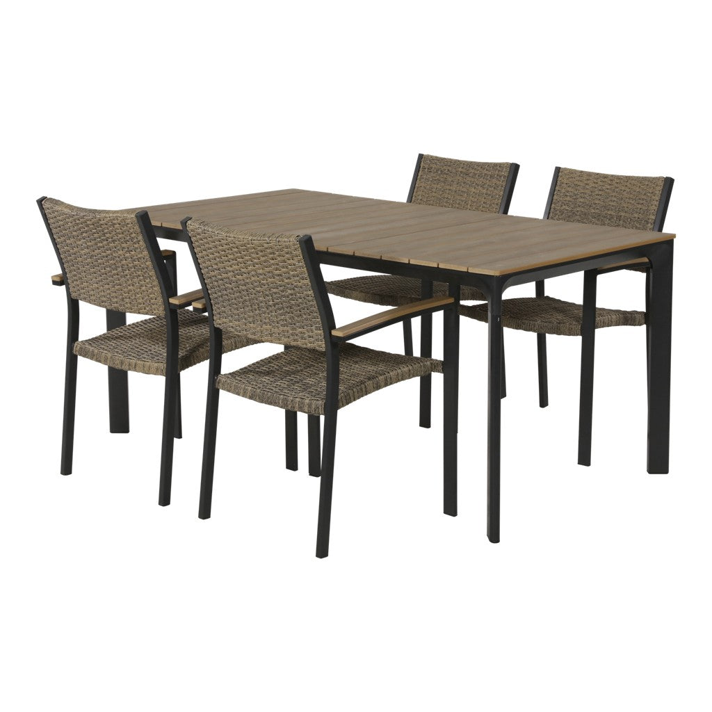 Eettafel met 4 stoelen: beige weefzitting, donker frame en rechthoekig tafelblad