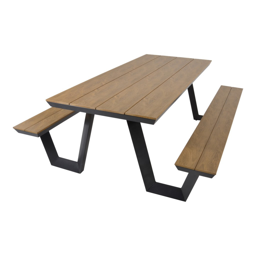 Picknickset met houten tafelblad en twee banken, zwarte onderstellen in rechthoekig design