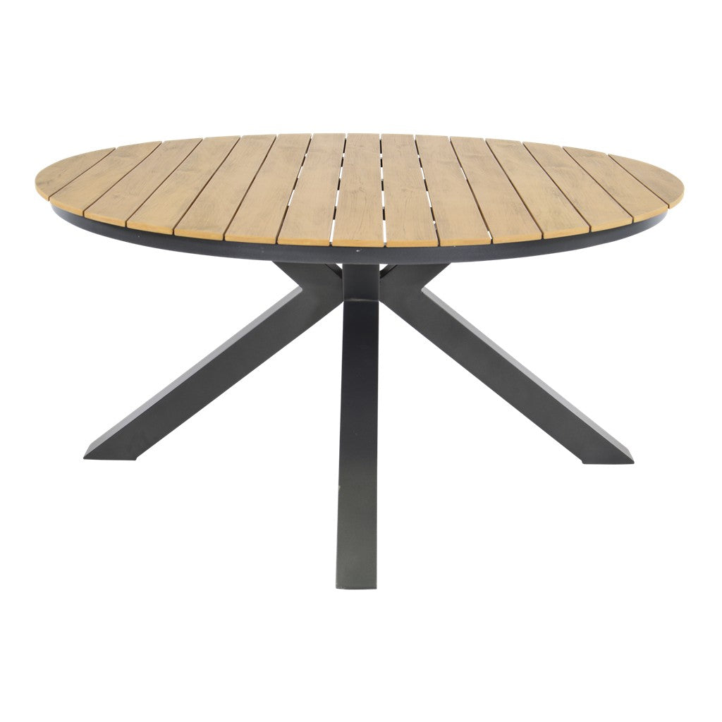 Ronde tuintafel met houten planken en zwart metalen poten, Ø150 cm
