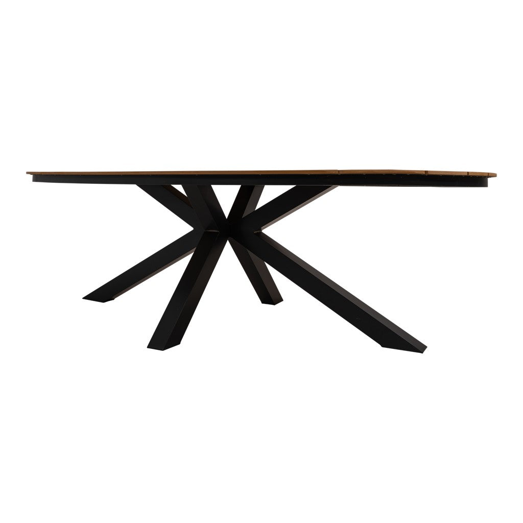 Ovale eettafel zijaanzicht: zwart onderstel en donker houten blad