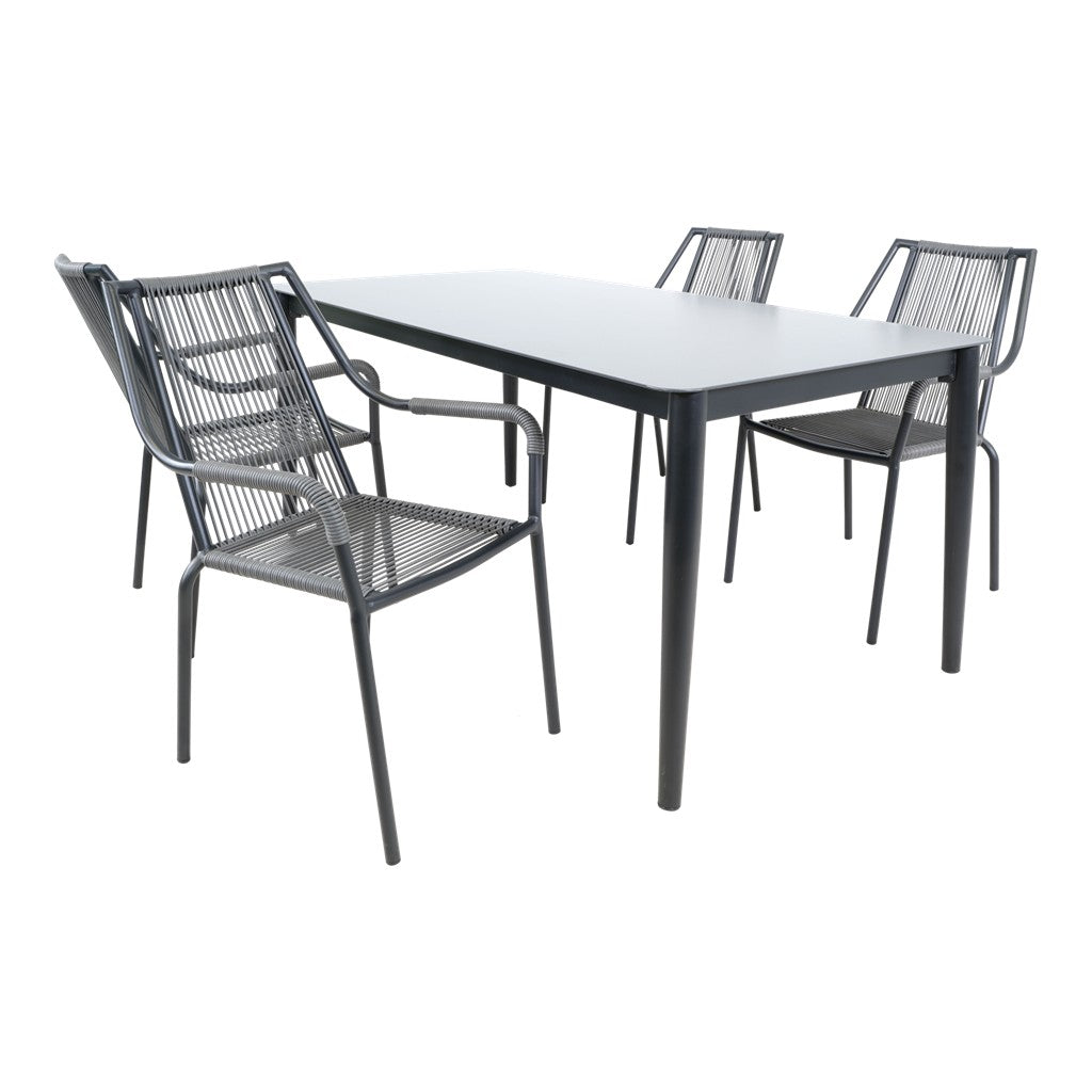 Rechthoekige eettafel met witte blad en 4 zwarte stoelen met grijze zitting