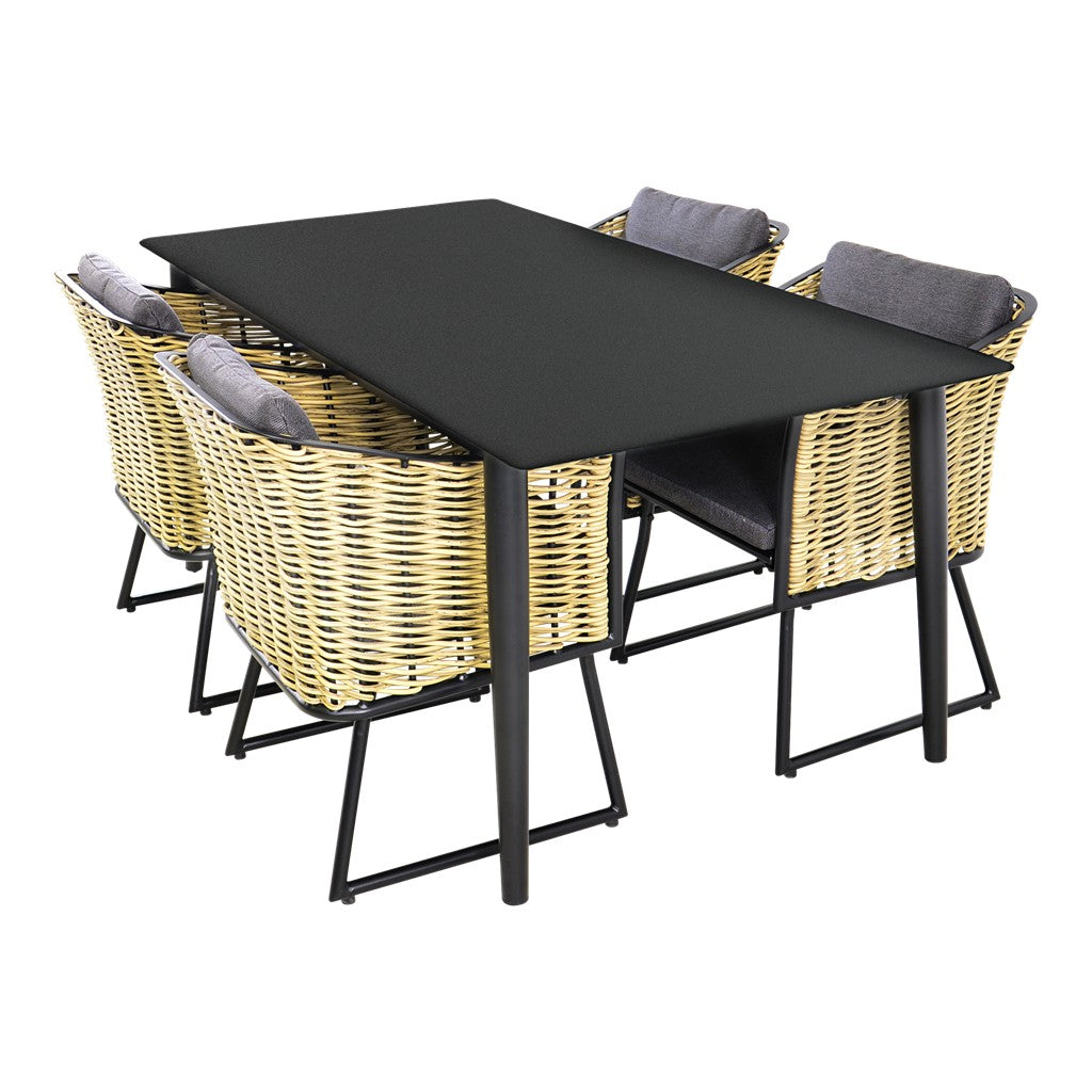 Tafelset met zwart blad en rotan stoelen met grijze kussens