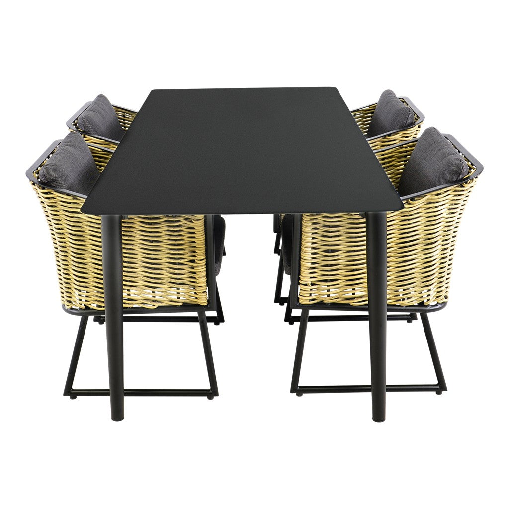 Rechthoekige tuintafel met zwarte bovenkant en zwart frame, met 4 grijze stoelen.