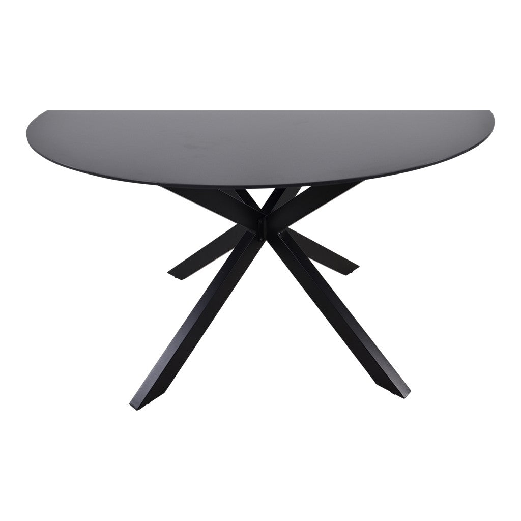 Ronde buitentafel met donkergrijs blad en zwarte gekruiste poten, frontaanzicht