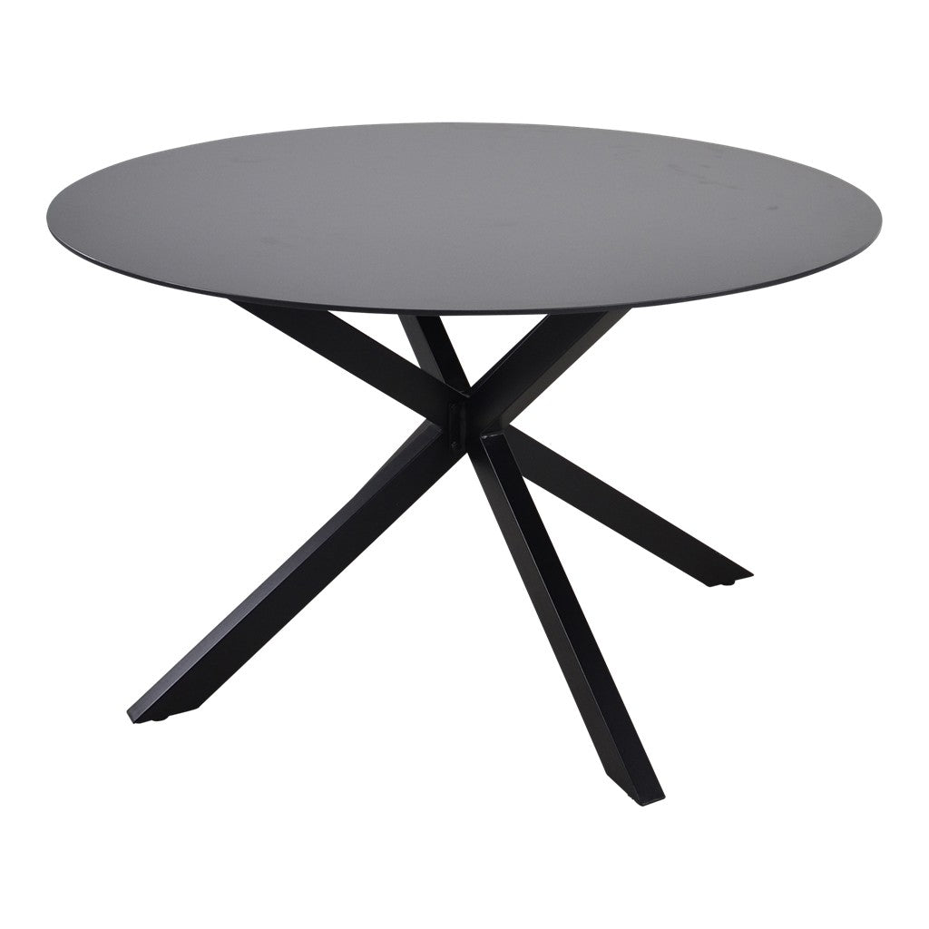Ronde buitentafel met donkergrijs blad en zwarte kruispoten, driekwartaanzicht
