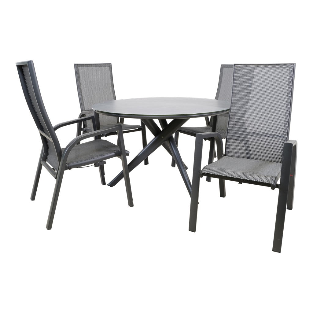 Buiten eettafel met rond blad en vier stoelen, grijze mesh rugdelen en zwarte frames