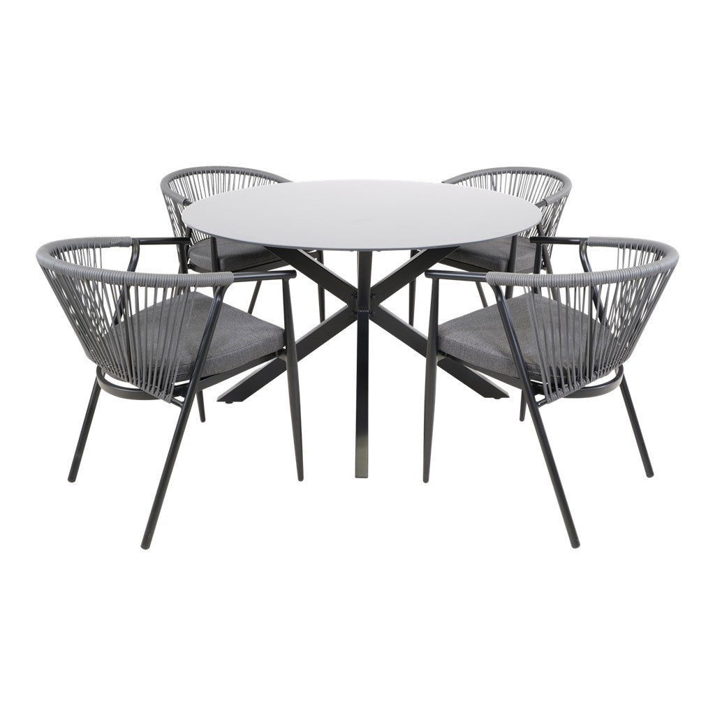 Ronde tuintafel Ø120 cm met zwart frame en licht blad, grijze kussens op draadstoelen