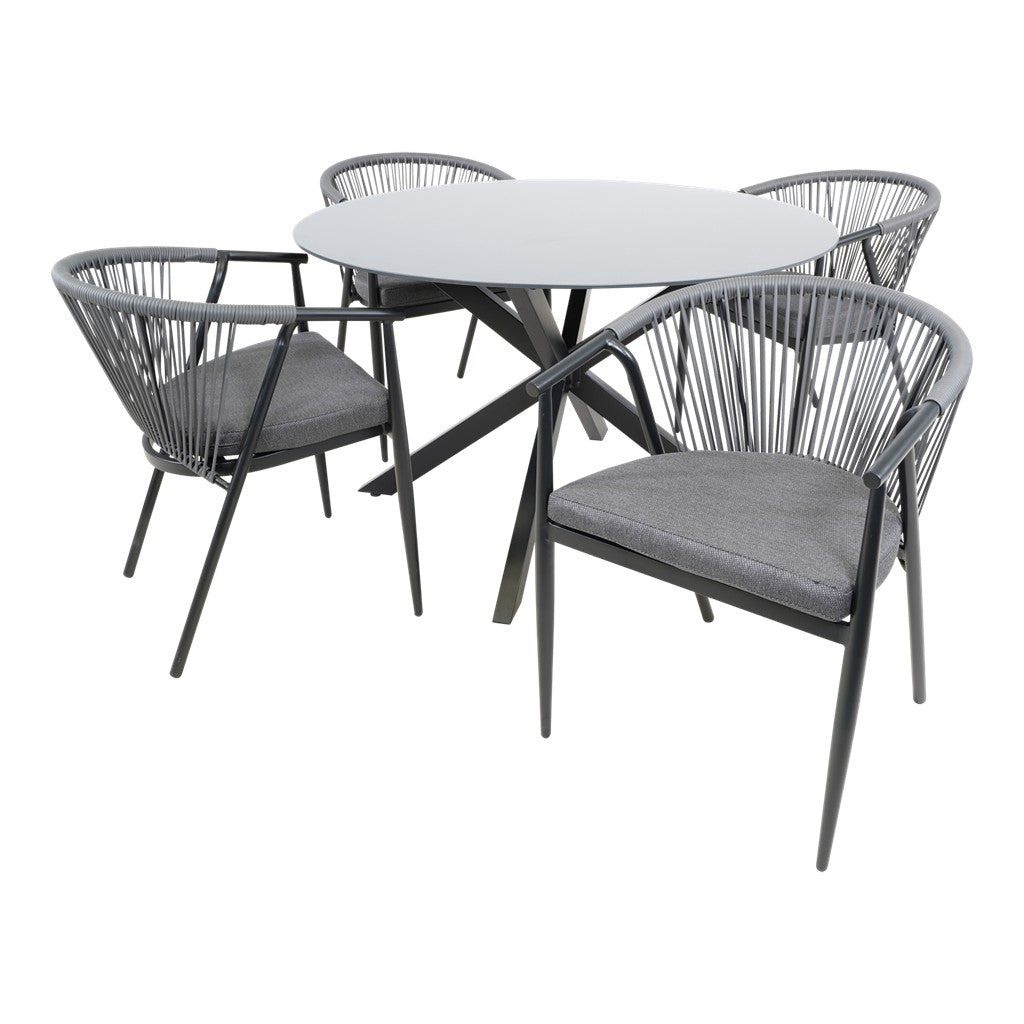 Ronde tuintafel met licht blad en zwarte poten, 2 voorstoelen met grijze kussens