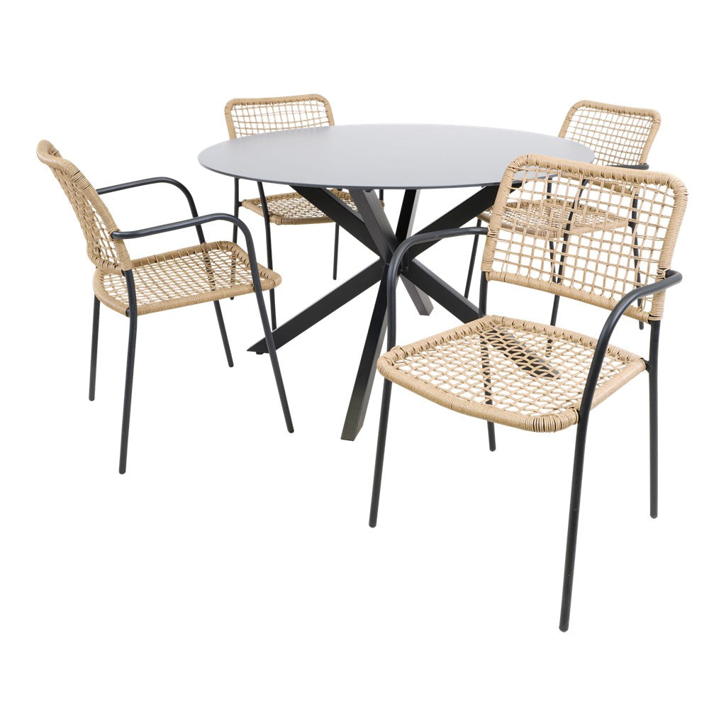 Ronde eettafel Ø120 cm met 4 beige rieten stoelen en zwarte metalen frame