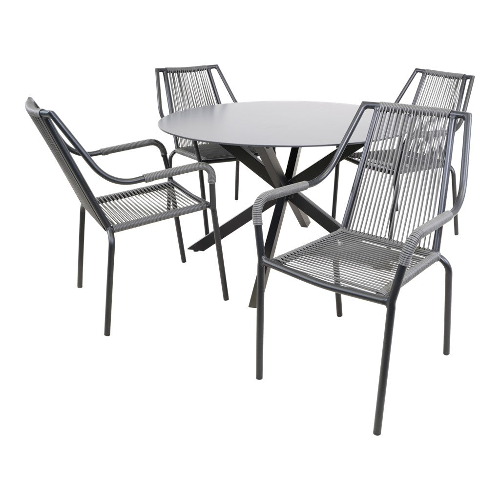 Ronde eettafel Ø120 cm met 4 grijze gevlochten stoelen en zwart metalen frame