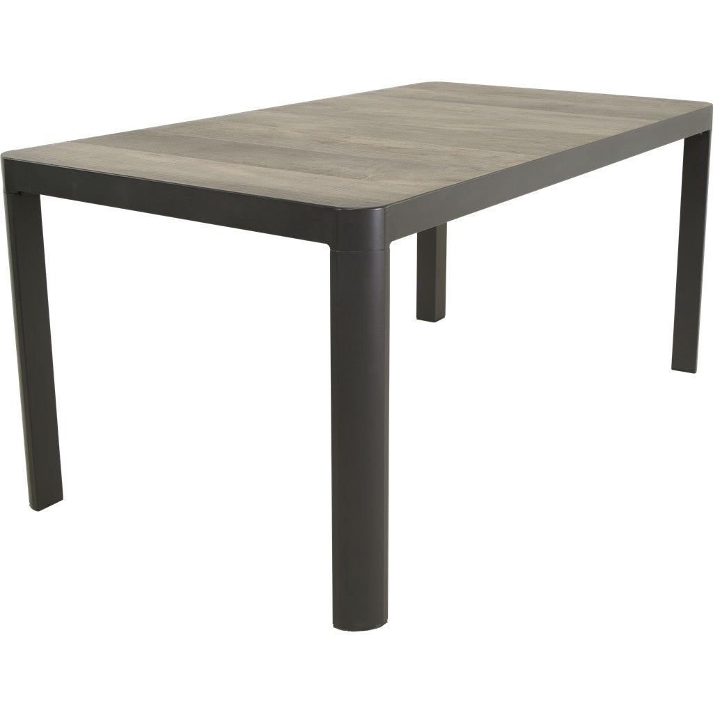 Zwarte eettafel met rechthoekig blad in grijs houtdesign en donkere poten