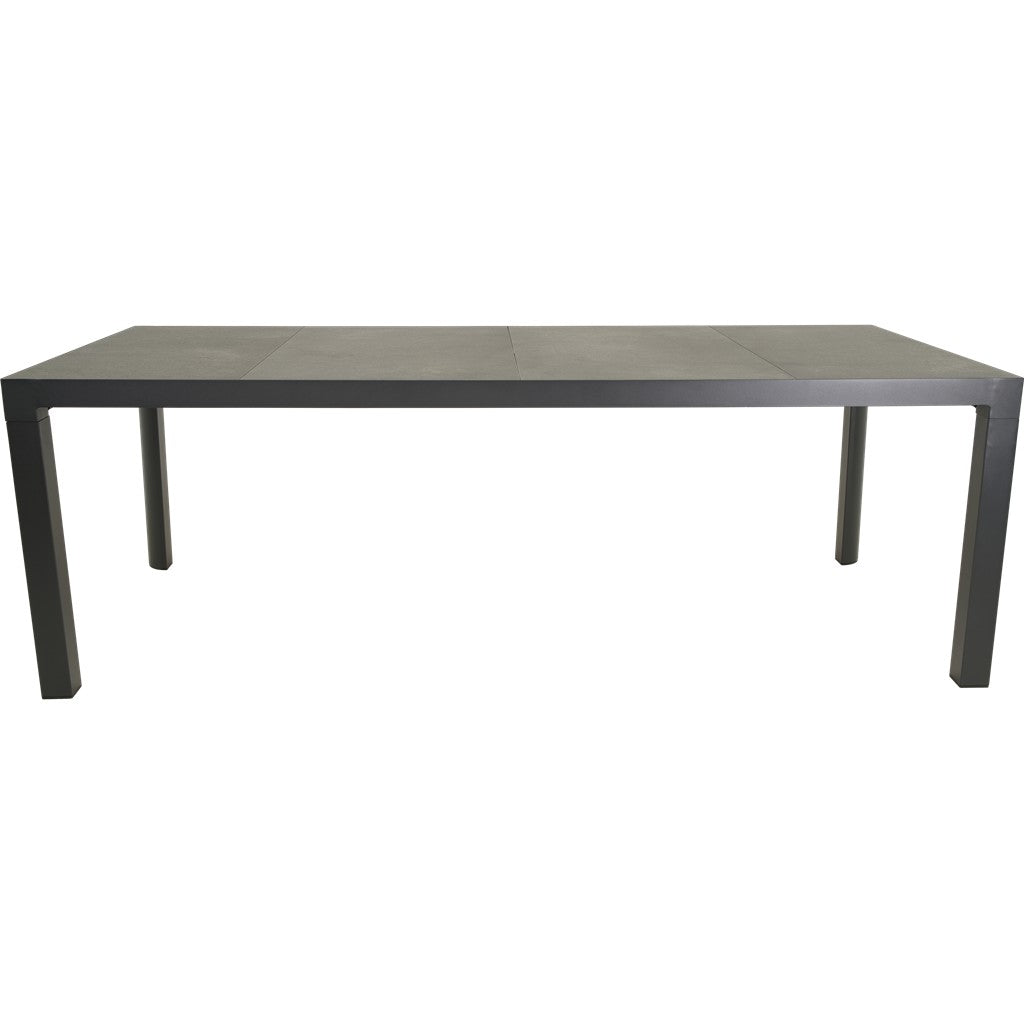 Donkergrijze tuintafel, langwerpig blad met vierkante poten in zijaanzicht, 220x100 cm