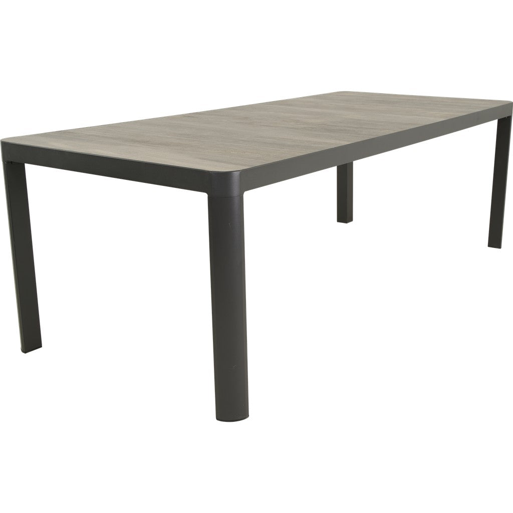 Rechthoekige eettafel met grijs houtlook blad en zwarte poten, 220x100 cm
