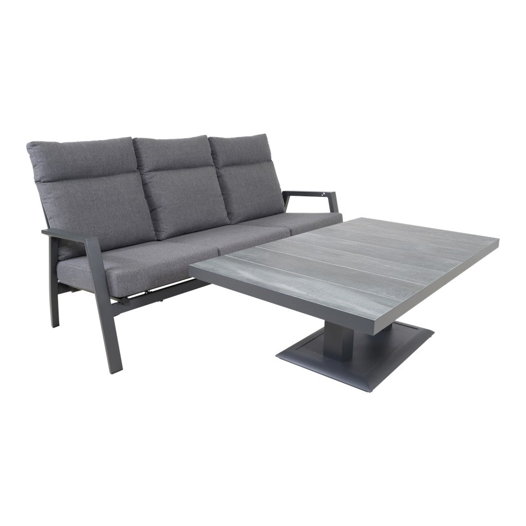 3-zits loungebank met grijze kussens en rechthoekige salontafel met grijs blad