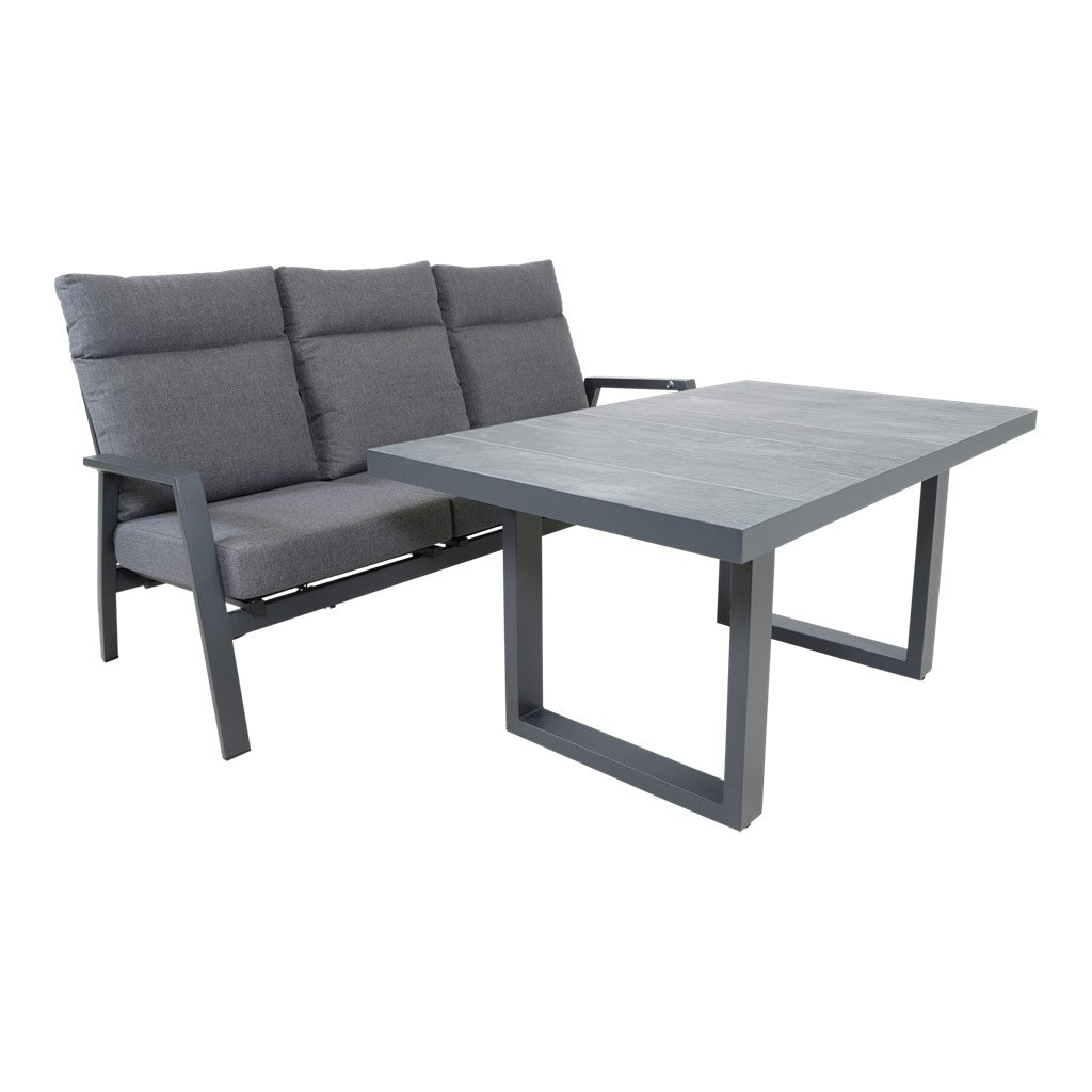 Ohio loungebank 3-zits met grijze bekleding en bijpassende grijze tafel, zicht op hoek