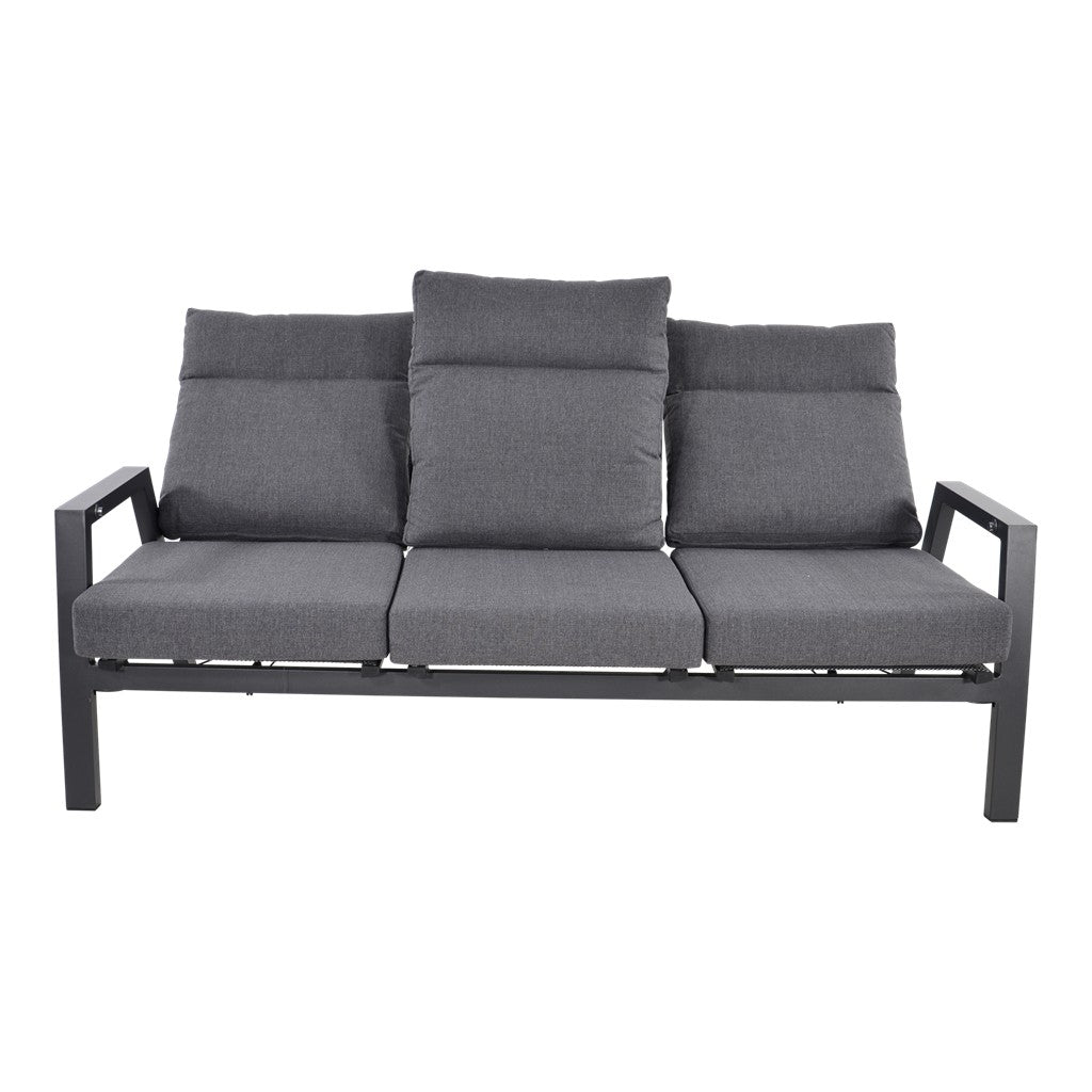 Ohio loungebank 3-zits met drie grijze rug- en zitkussens, zwart metalen poten