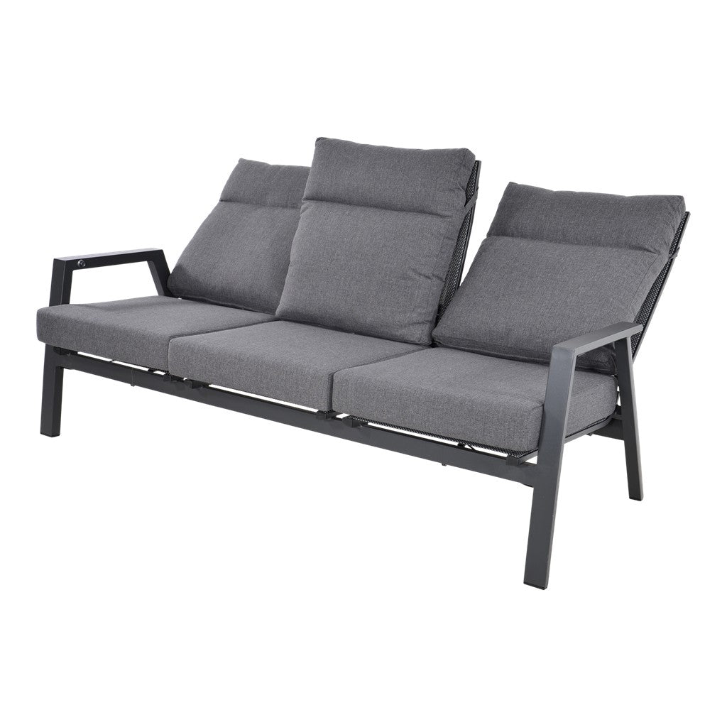 Ohio loungebank 3-zits met grijze bekleding, zijaanzicht met opklapbare rugkussens