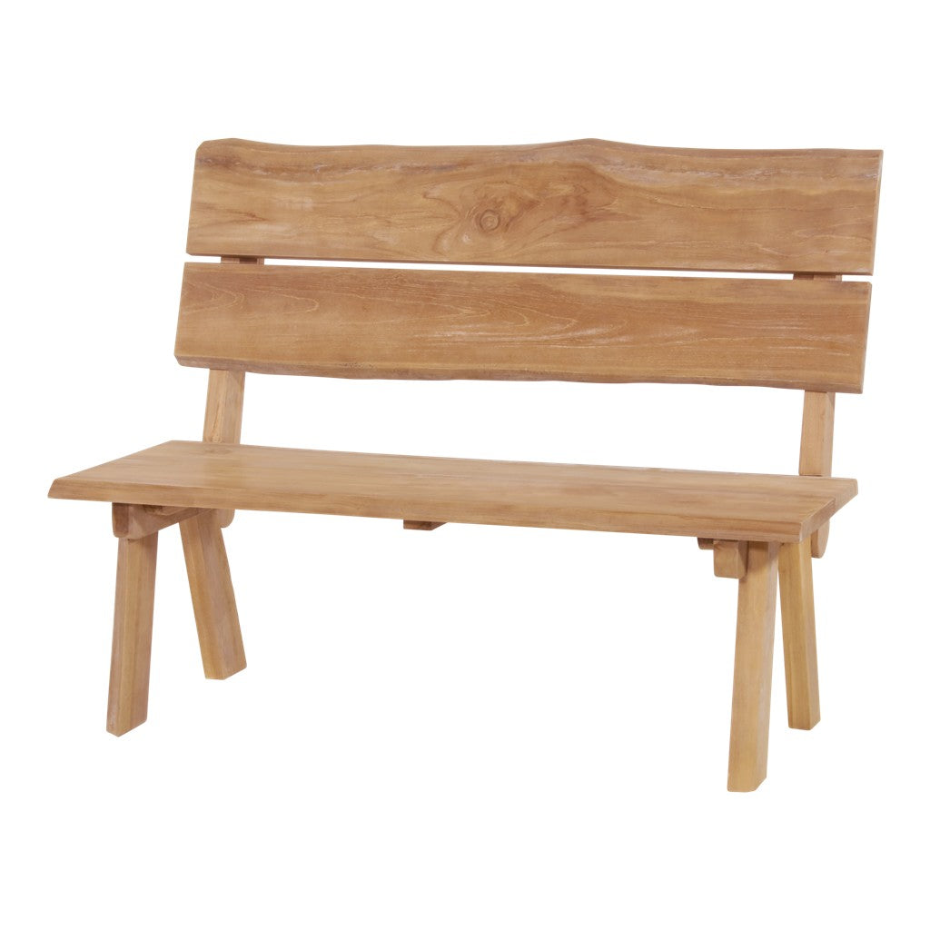 Teakhouten boomstam bank met houten latten zitting en rugleuning