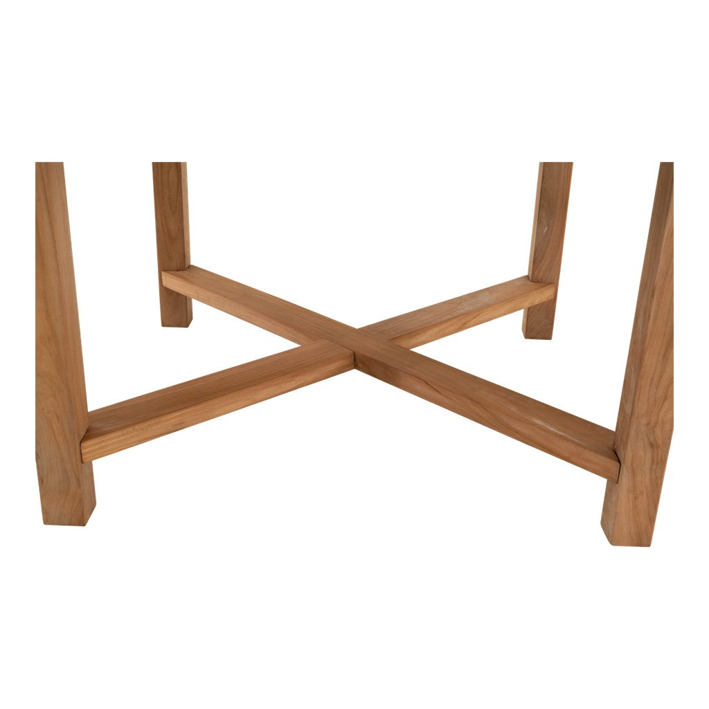 Ronde teakhouten tafel met kruisframe onder het blad