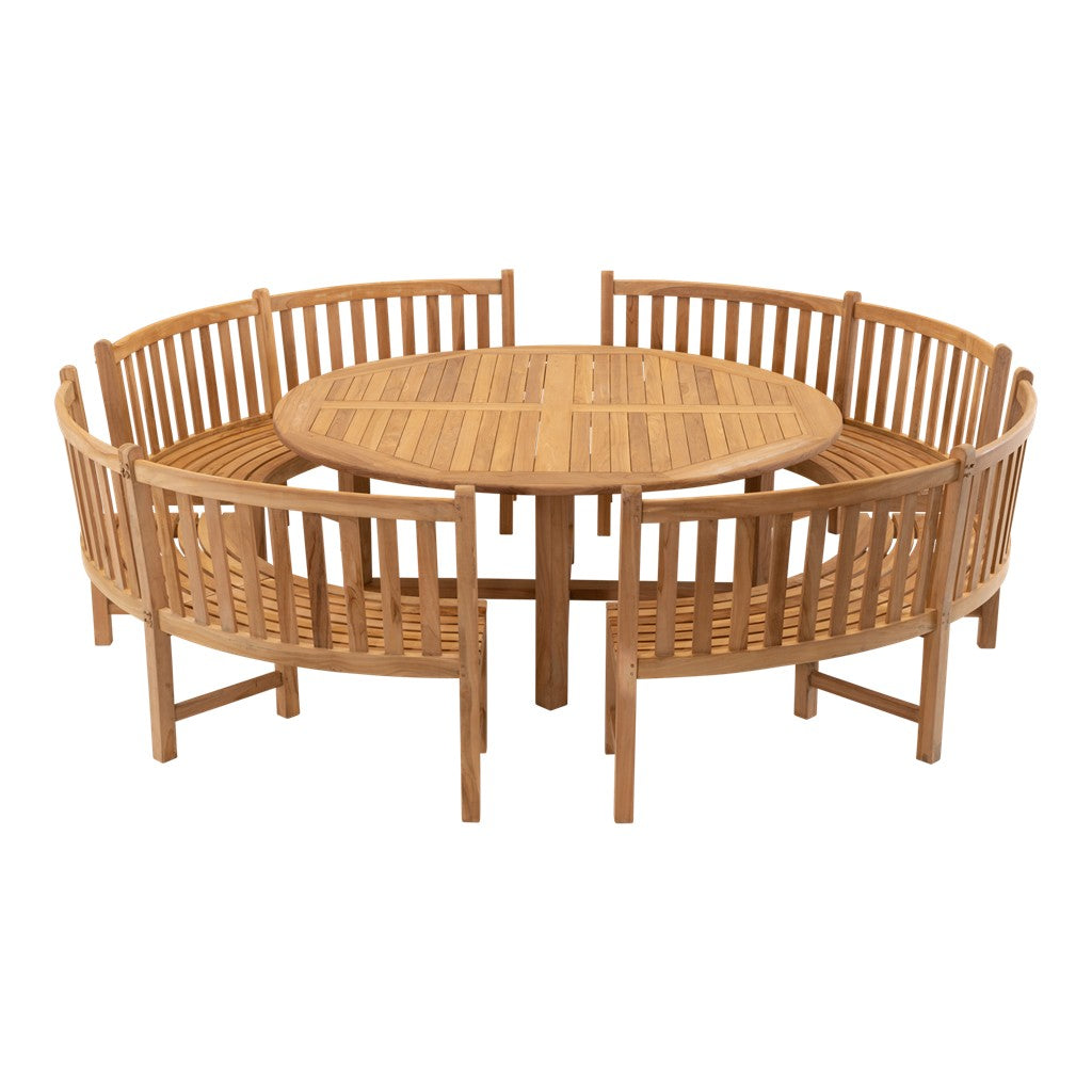 Ronde teakhouten tafel met lamelblad en stevig onderstel