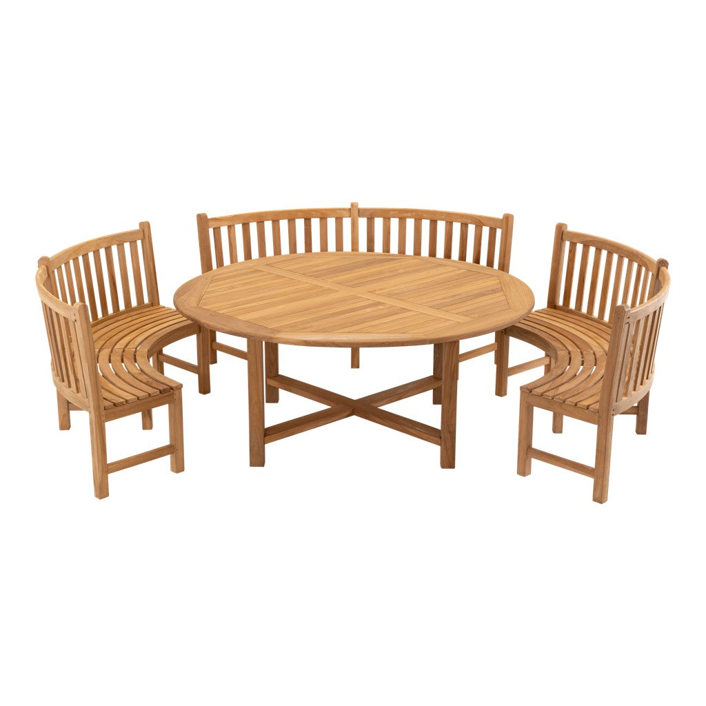 Ronde teakhouten tafel met visgraatblad en kruisvormige steun