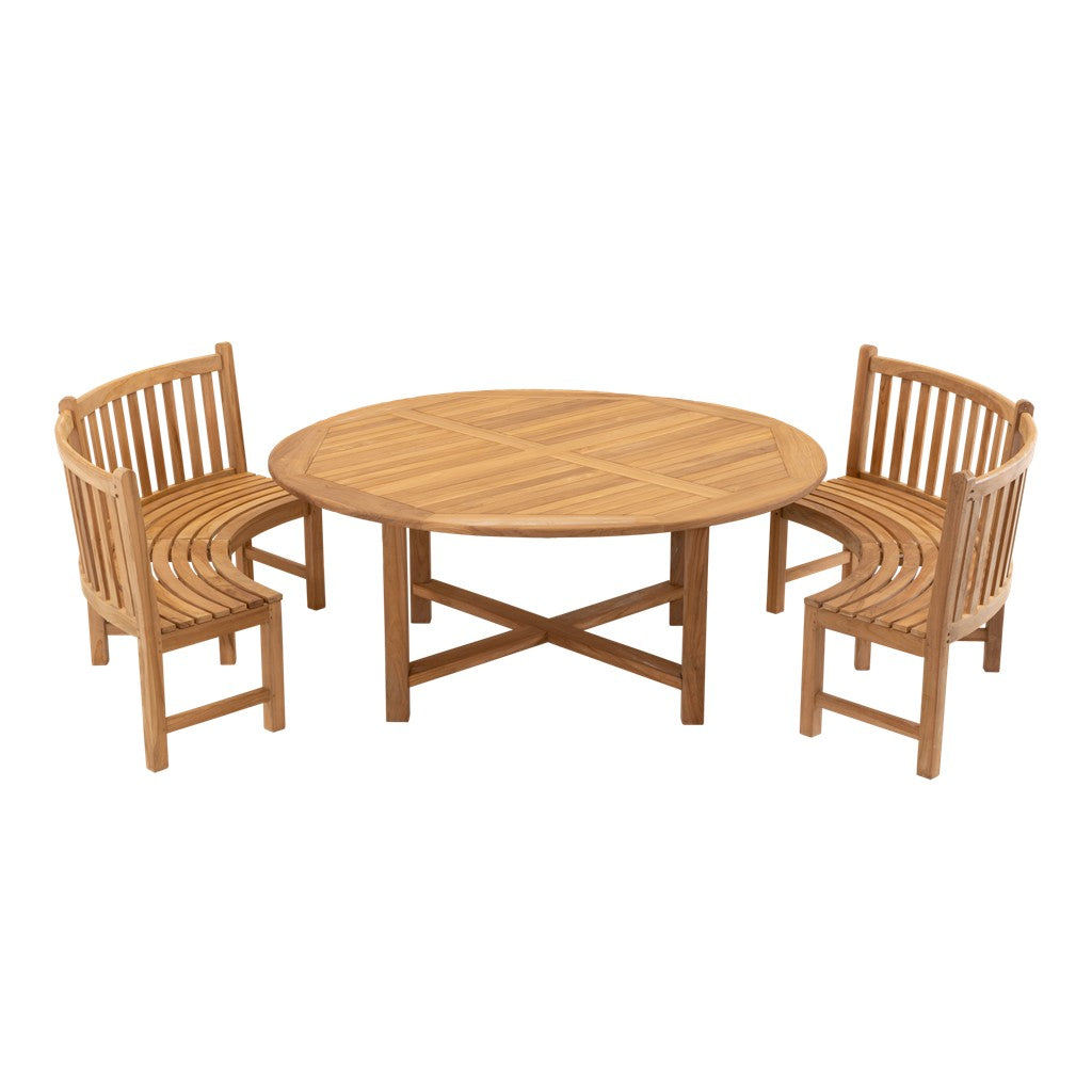 Ronde teakhouten tafel met lamelblad en X-frame onderstel