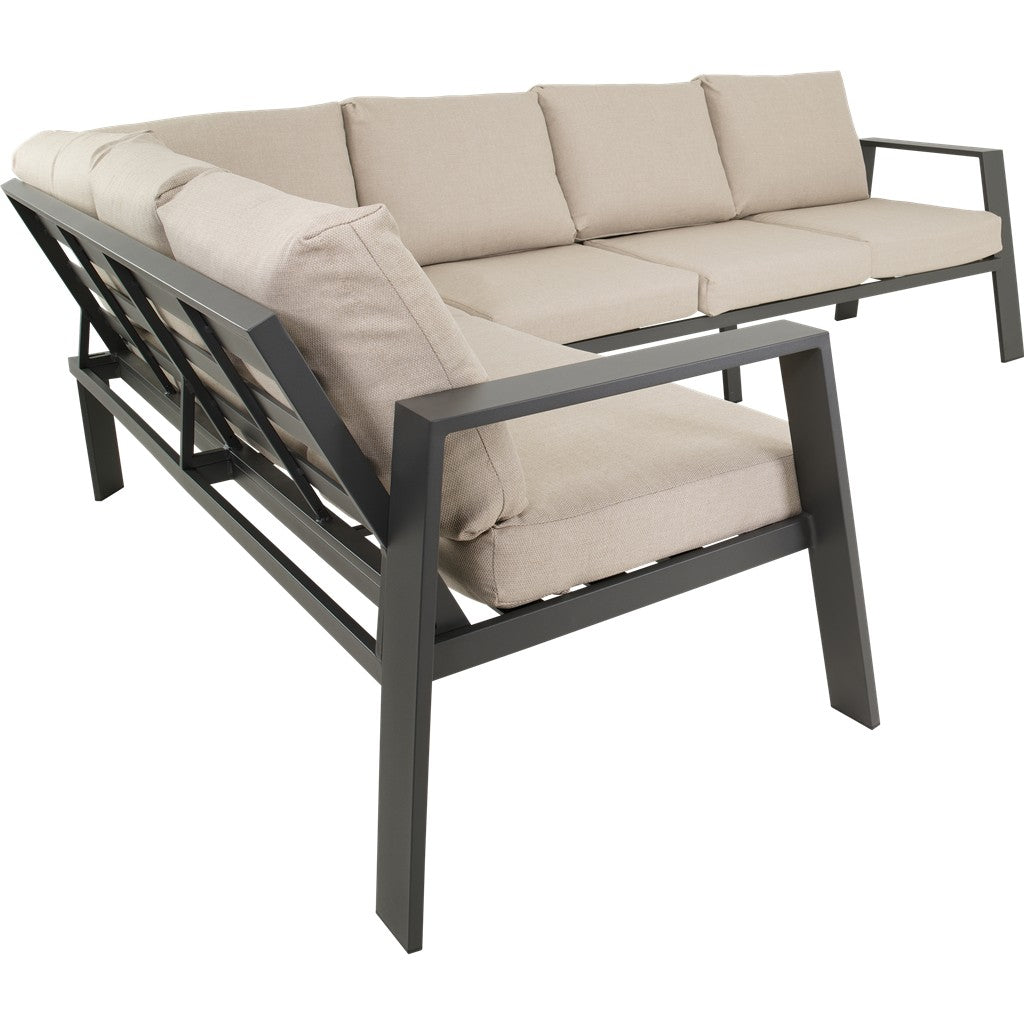 Loungehoekset met lichtbeige zit- en rugkussens en donkergrijs lattenframe