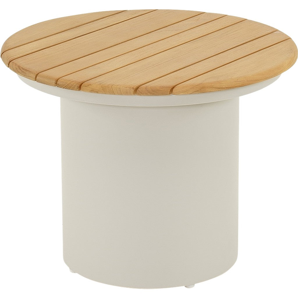 Ovale bijzettafel met houtnerf blad en brede witte onderkant.
