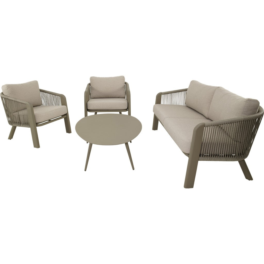 Loungeset set: 2 fauteuils, 2-zitsbank en ronde tafel met beige zitkussens