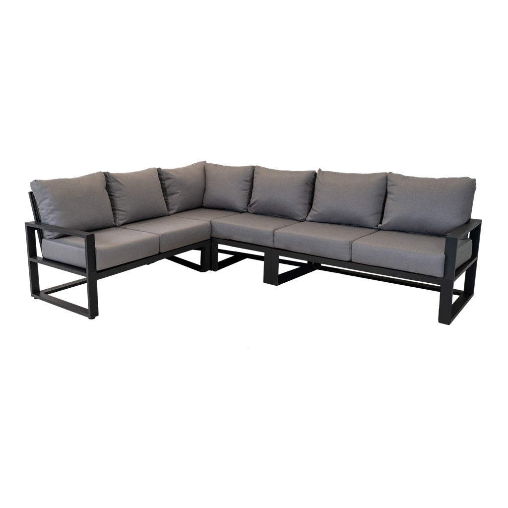 Hoekloungebank met donkergrijze kussens en zwarte metalen frame, L-vormig