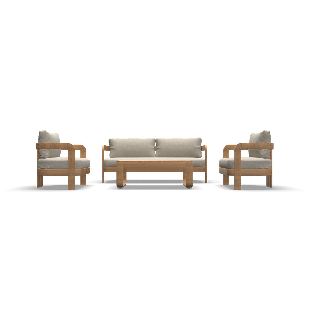 Complete loungeset met bank, twee fauteuils en salontafel, naturel hout en beige bekleding