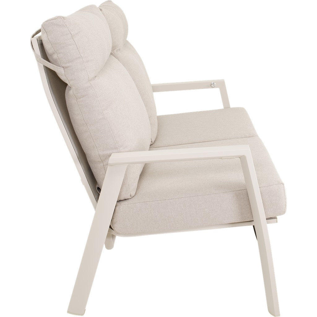 Loungebank 2-zits in crème met extra hoge rugsteun en zitelement, wit onderstel