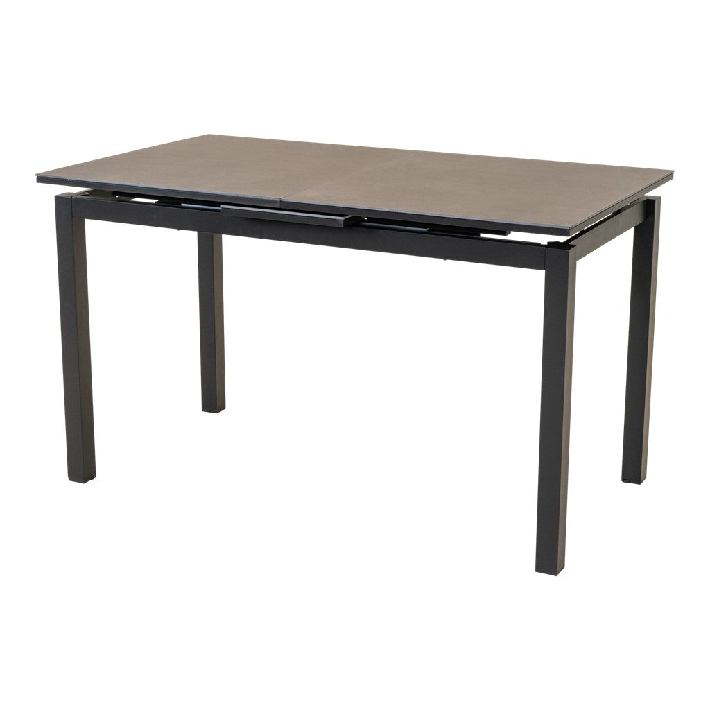 Uittrektafel Lagos (Lesli Living) met taupekleurig blad en donkere poten, uittrekrail